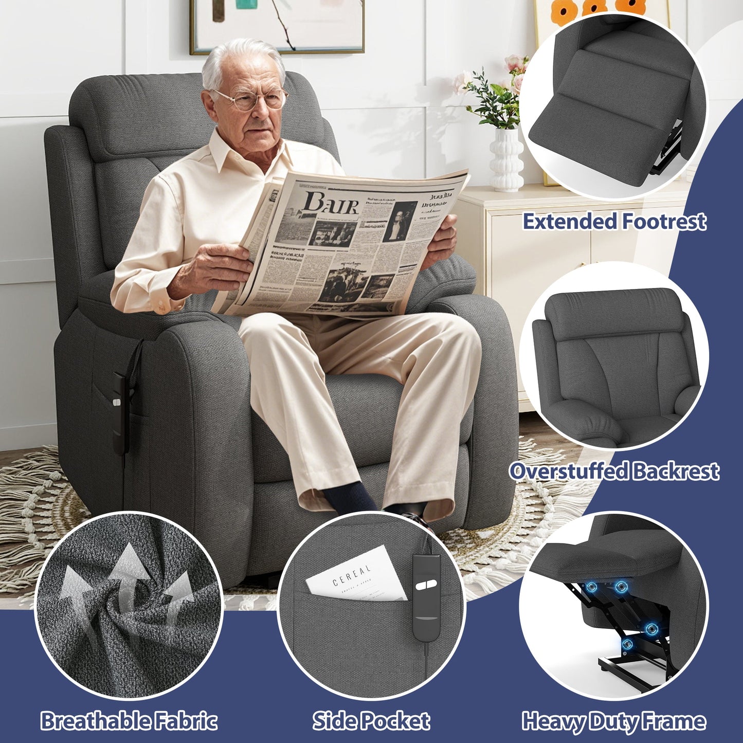 Power Lift Recliner for Elderly, Lift Chair Recliners for Small Spaces, Electric Recliner Chairs for Seniors, Remote Control, Adjustable, Side Pocket (Dark Gray+ Snowflake Velvet) - 1st Choice Furniture Direct