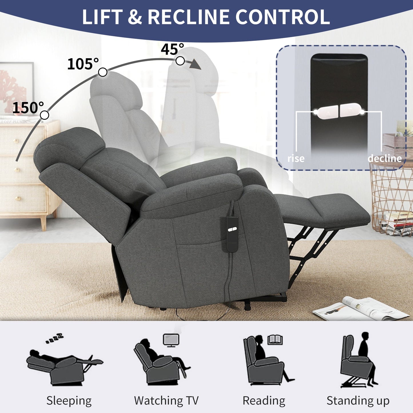Power Lift Recliner for Elderly, Lift Chair Recliners for Small Spaces, Electric Recliner Chairs for Seniors, Remote Control, Adjustable, Side Pocket (Dark Gray+ Snowflake Velvet) - 1st Choice Furniture Direct