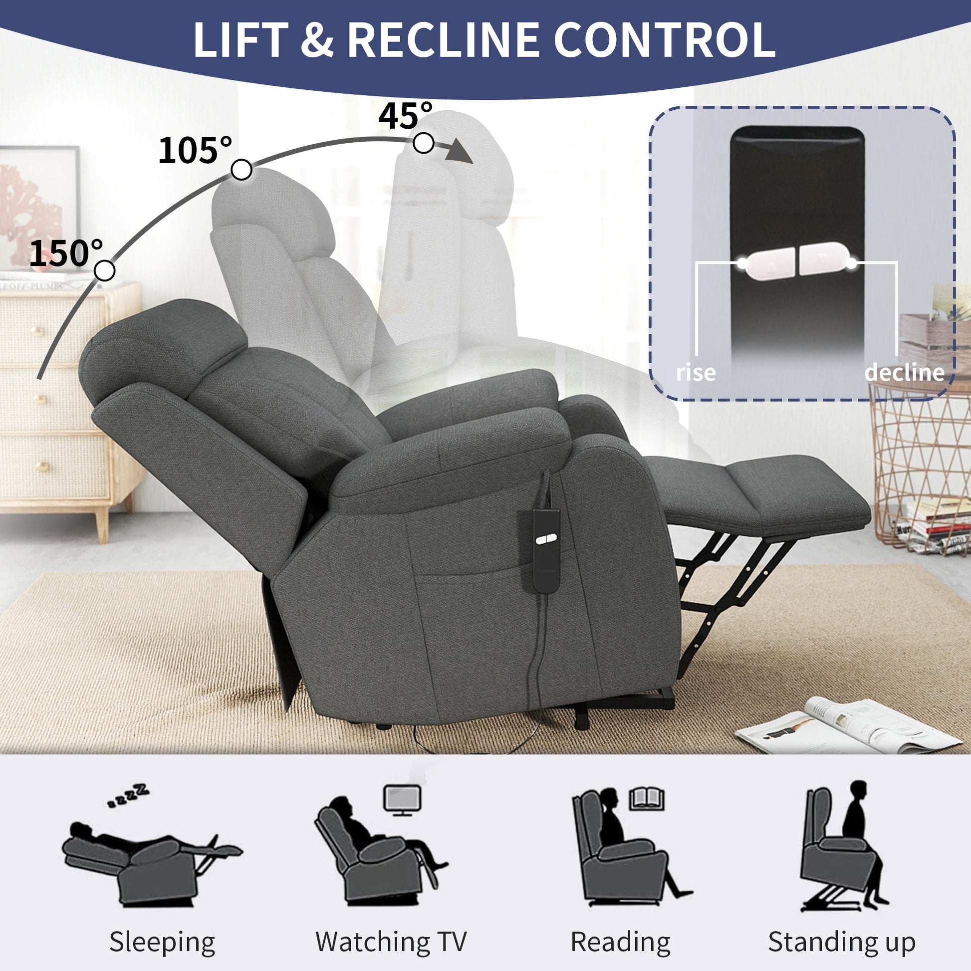 Power Lift Recliner for Elderly, Lift Chair Recliners for Small Spaces, Electric Recliner Chairs for Seniors, Remote Control, Adjustable, Side Pocket (Dark Gray+ Snowflake Velvet) - 1st Choice Furniture Direct
