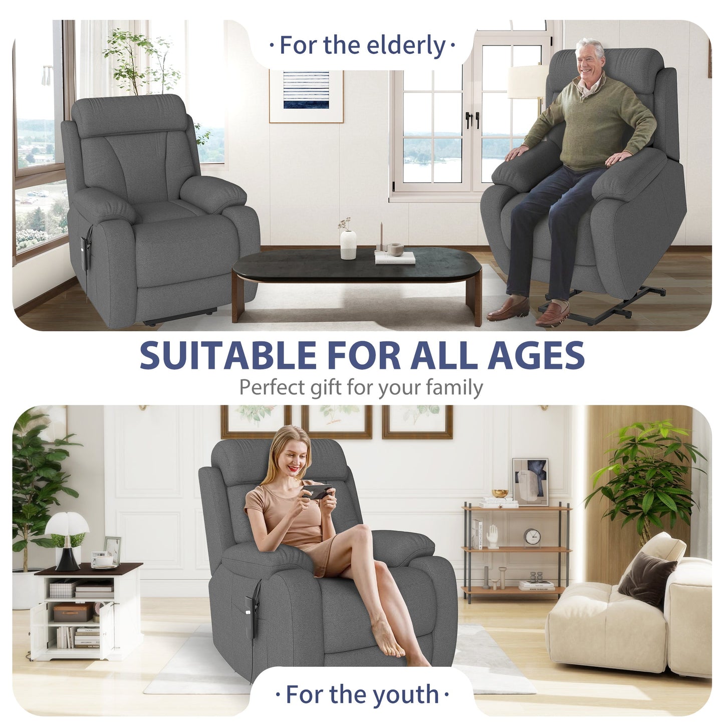 Power Lift Recliner for Elderly, Lift Chair Recliners for Small Spaces, Electric Recliner Chairs for Seniors, Remote Control, Adjustable, Side Pocket (Dark Gray+ Snowflake Velvet) - 1st Choice Furniture Direct