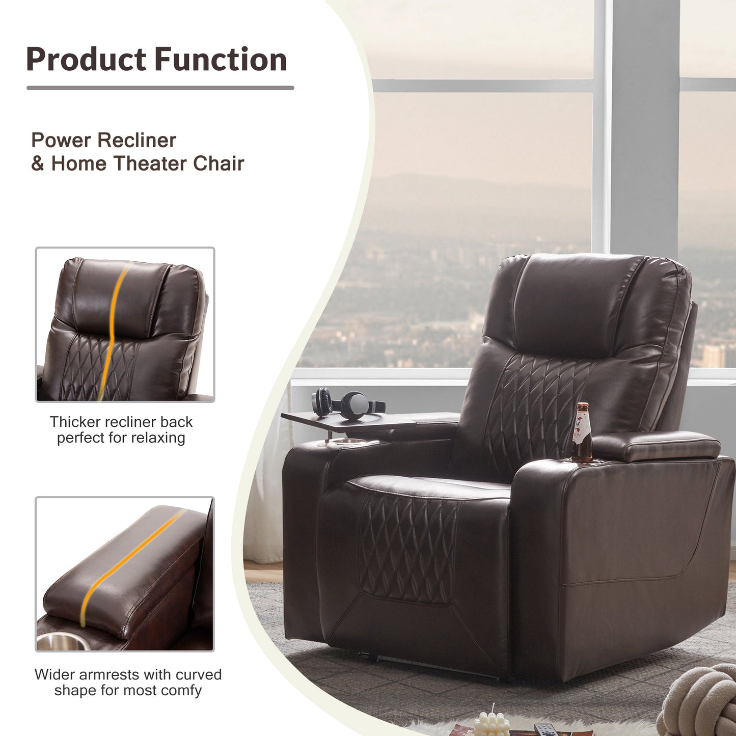 Power Motion Recliner with USB Charging Port, Hidden Arm Storage, 2 Cup Holders, 360° Swivel Tray Table, Brown PU Leather - 1st Choice Furniture Direct