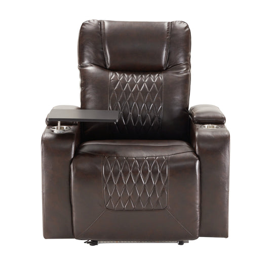 Power Motion Recliner with USB Charging Port, Hidden Arm Storage, 2 Cup Holders, 360° Swivel Tray Table, Brown PU Leather - 1st Choice Furniture Direct