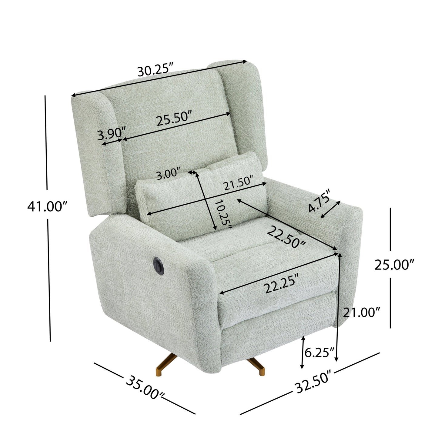 Power Recliner Chair Swivel,Boucle Upholstered 360° Swivel Recliner with gold 5 star base - light green - 1st Choice Furniture Direct