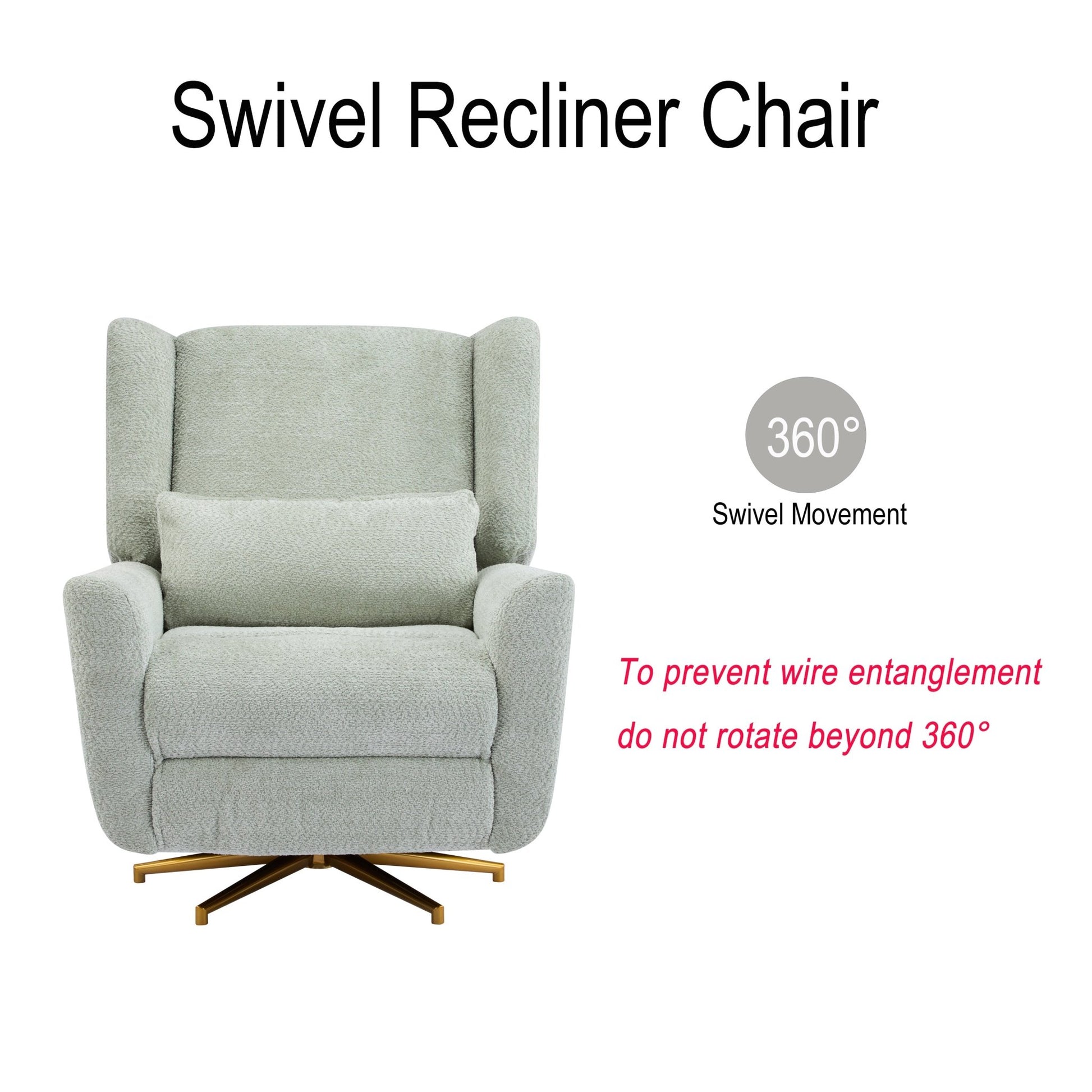 Power Recliner Chair Swivel,Boucle Upholstered 360° Swivel Recliner with gold 5 star base - light green - 1st Choice Furniture Direct