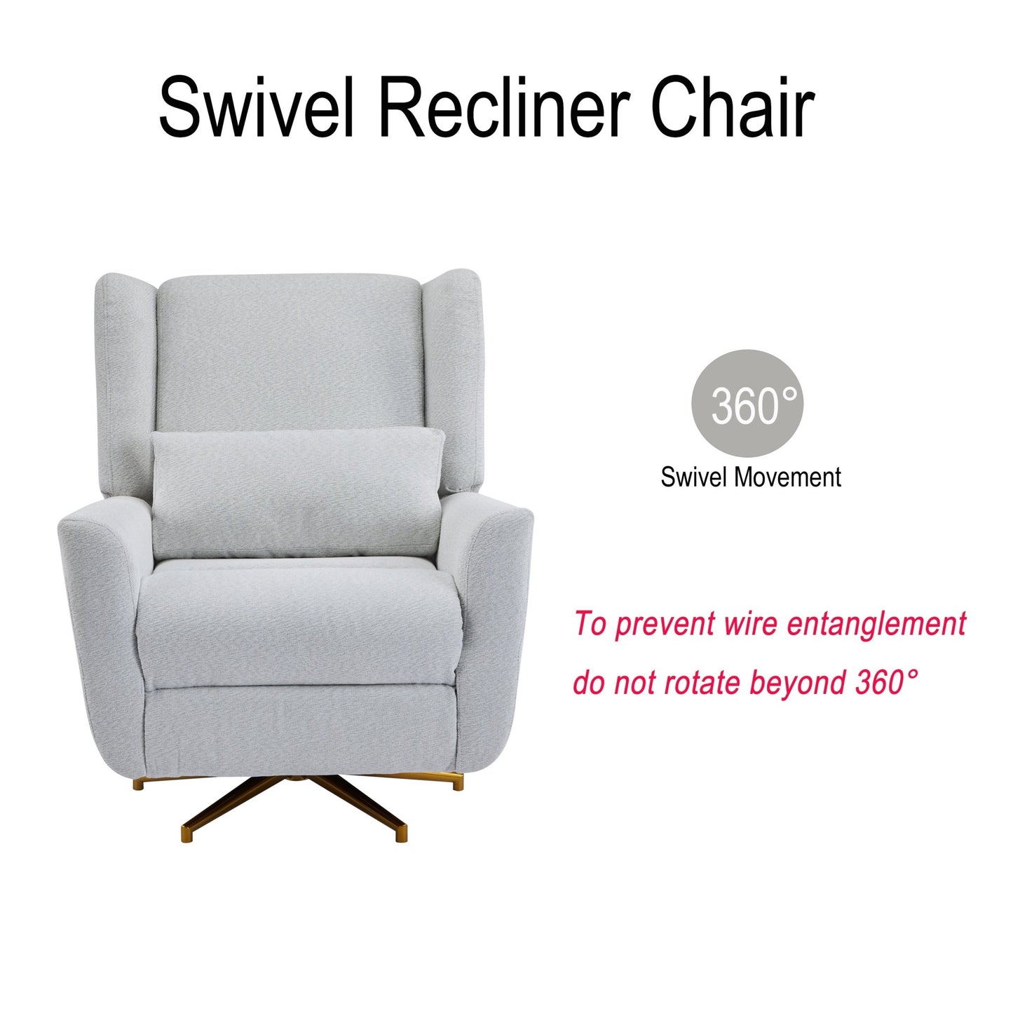 Power Recliner Chair Swivel,Upholstered 360° Swivel Recliner with gold 5 star base - light grey - 1st Choice Furniture Direct