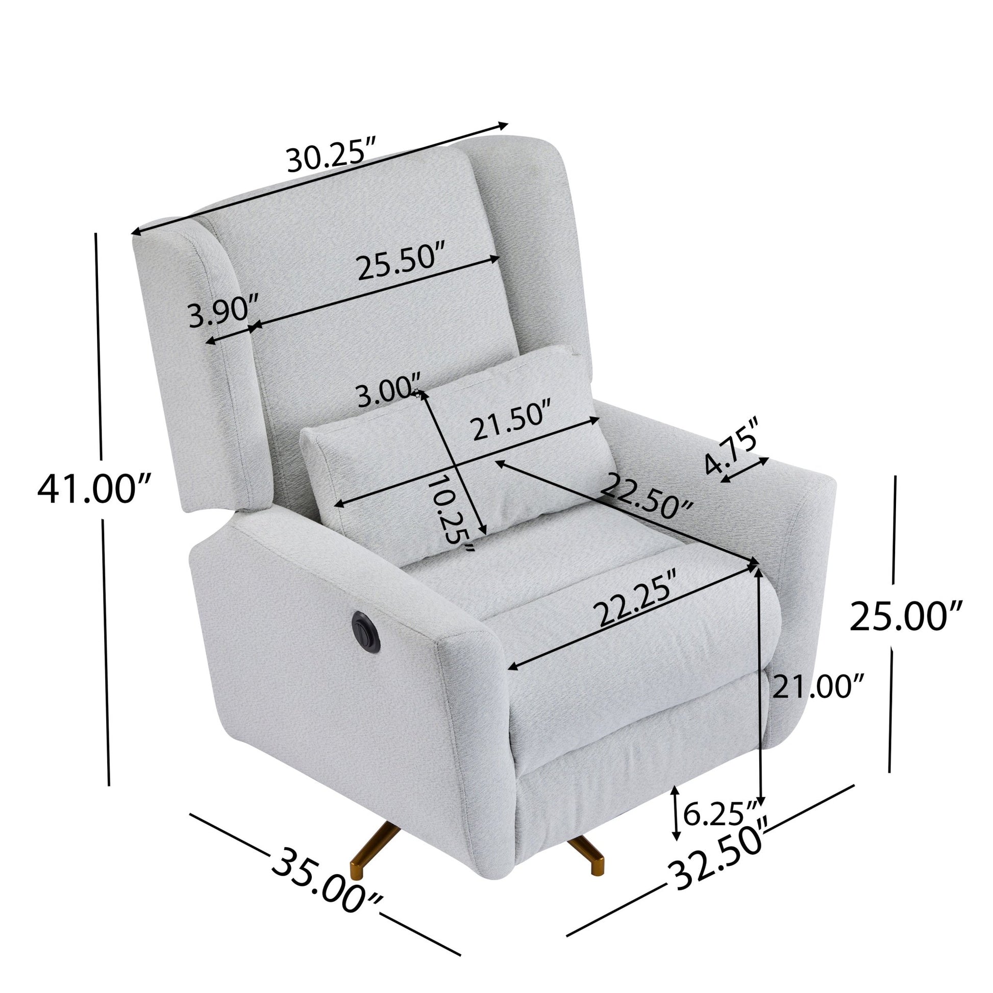 Power Recliner Chair Swivel,Upholstered 360° Swivel Recliner with gold 5 star base - light grey - 1st Choice Furniture Direct
