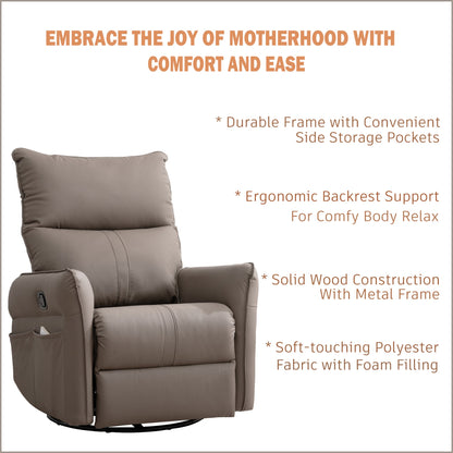 PU Rocking Recliner Chair, 360° Swivel Nursery Rocking Chair, Glider Chair, Modern Small Rocking Swivel Recliner Chair, Home Theater Seating, Side Pocket (Brown+360° Swivel) - 1st Choice Furniture Direct