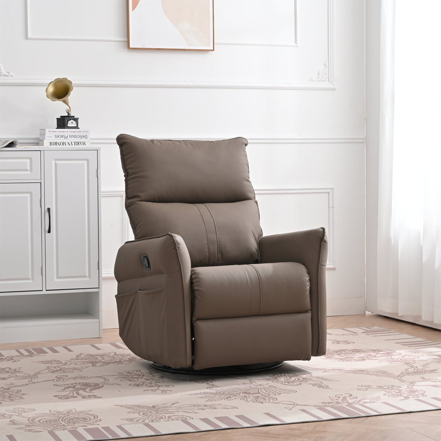 PU Rocking Recliner Chair, 360° Swivel Nursery Rocking Chair, Glider Chair, Modern Small Rocking Swivel Recliner Chair, Home Theater Seating, Side Pocket (Brown+360° Swivel) - 1st Choice Furniture Direct