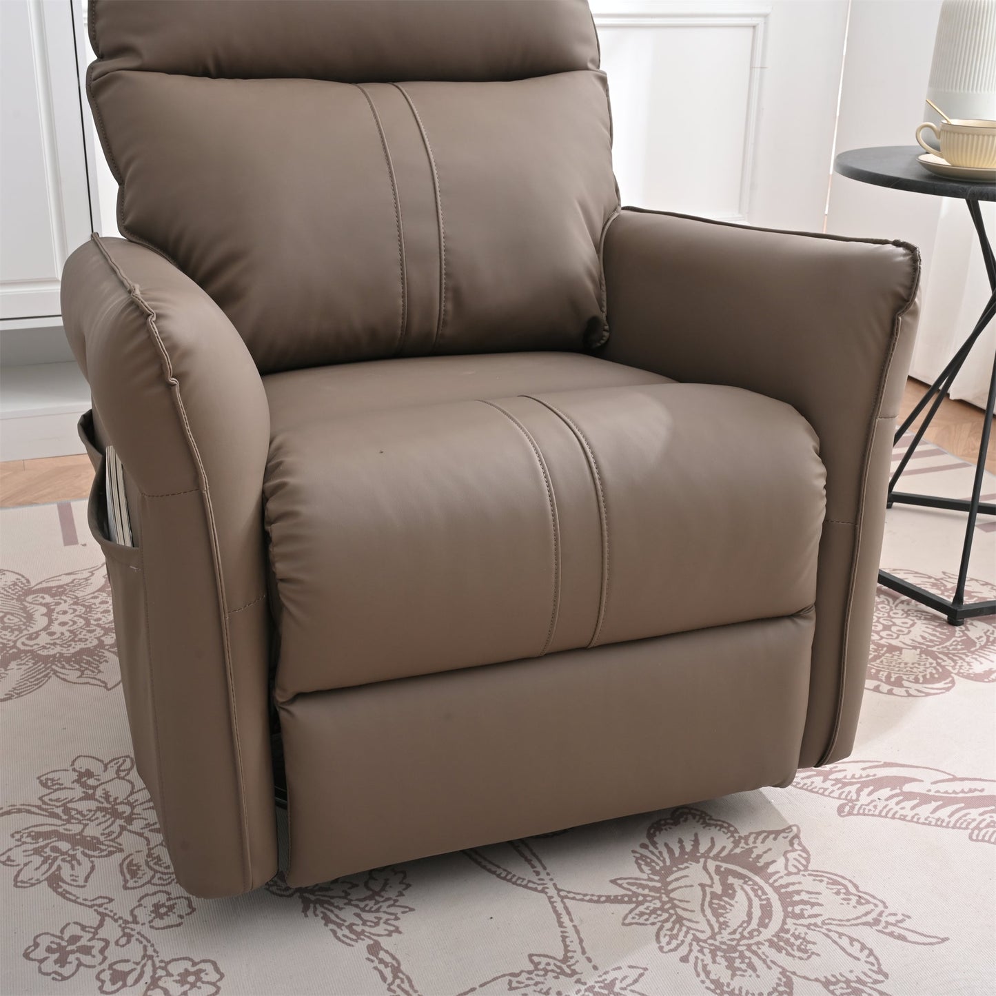 PU Rocking Recliner Chair, 360° Swivel Nursery Rocking Chair, Glider Chair, Modern Small Rocking Swivel Recliner Chair, Home Theater Seating, Side Pocket (Brown+360° Swivel) - 1st Choice Furniture Direct