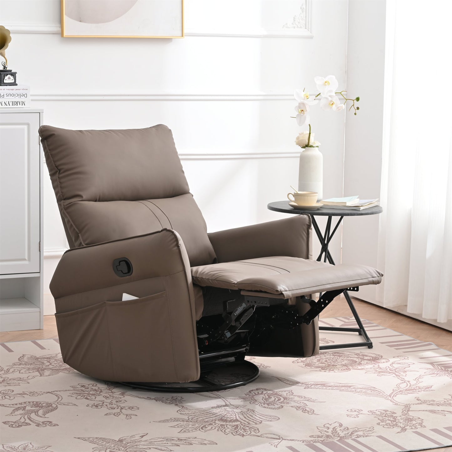 PU Rocking Recliner Chair, 360° Swivel Nursery Rocking Chair, Glider Chair, Modern Small Rocking Swivel Recliner Chair, Home Theater Seating, Side Pocket (Brown+360° Swivel) - 1st Choice Furniture Direct