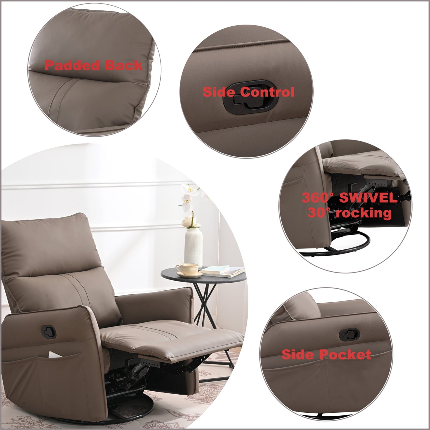 PU Rocking Recliner Chair, 360° Swivel Nursery Rocking Chair, Glider Chair, Modern Small Rocking Swivel Recliner Chair, Home Theater Seating, Side Pocket (Brown+360° Swivel) - 1st Choice Furniture Direct
