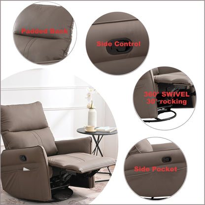 PU Rocking Recliner Chair, 360° Swivel Nursery Rocking Chair, Glider Chair, Modern Small Rocking Swivel Recliner Chair, Home Theater Seating, Side Pocket (Brown+360° Swivel) - 1st Choice Furniture Direct