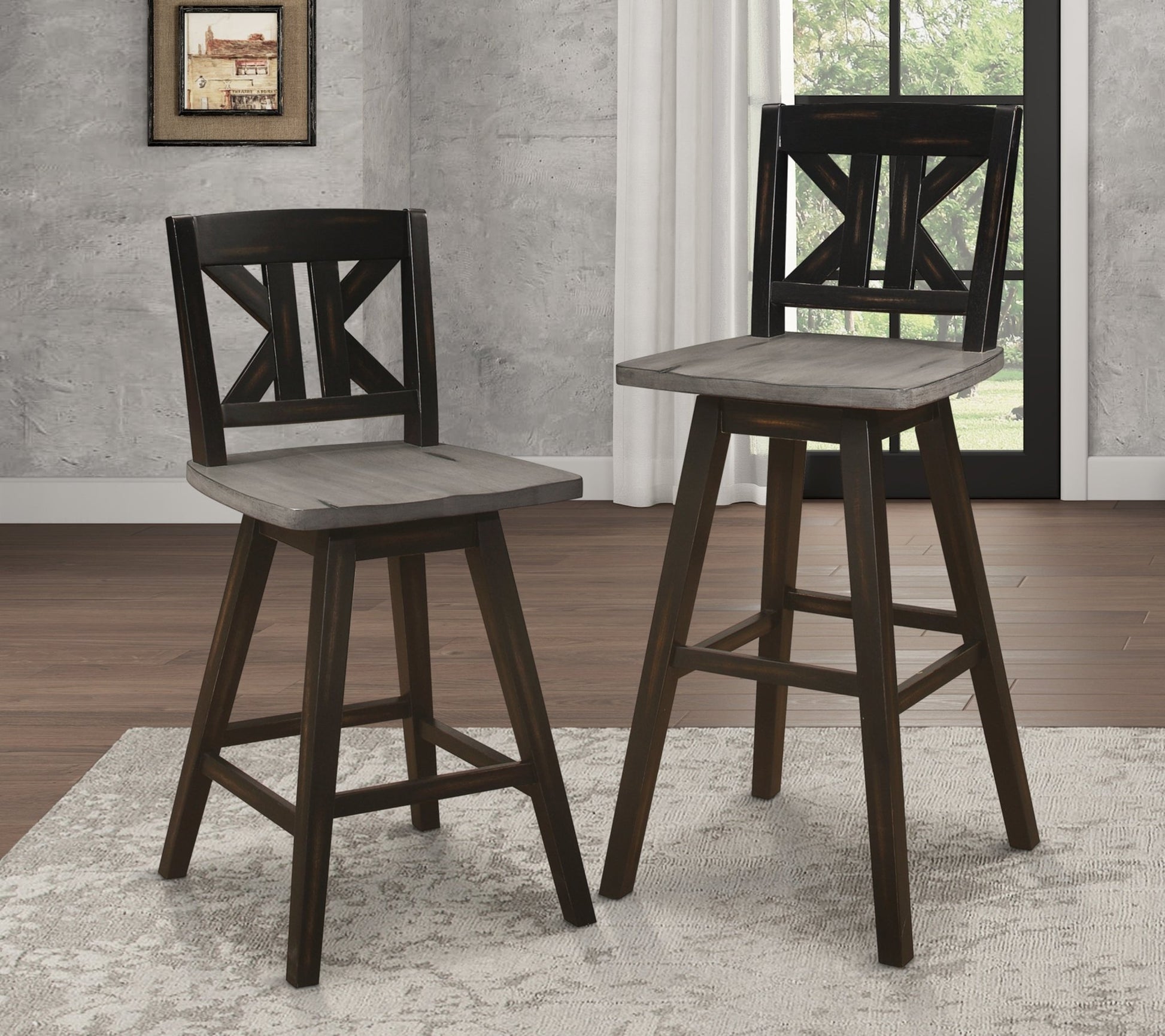 Pub Height Chairs Set of 2, Distressed Gray and Black 360 - degree Swivel Chair Solid Rubberwood Furniture, Divided X - Back Bar Chairs - 1st Choice Furniture Direct