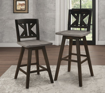 Pub Height Chairs Set of 2, Distressed Gray and Black 360 - degree Swivel Chair Solid Rubberwood Furniture, Divided X - Back Bar Chairs - 1st Choice Furniture Direct