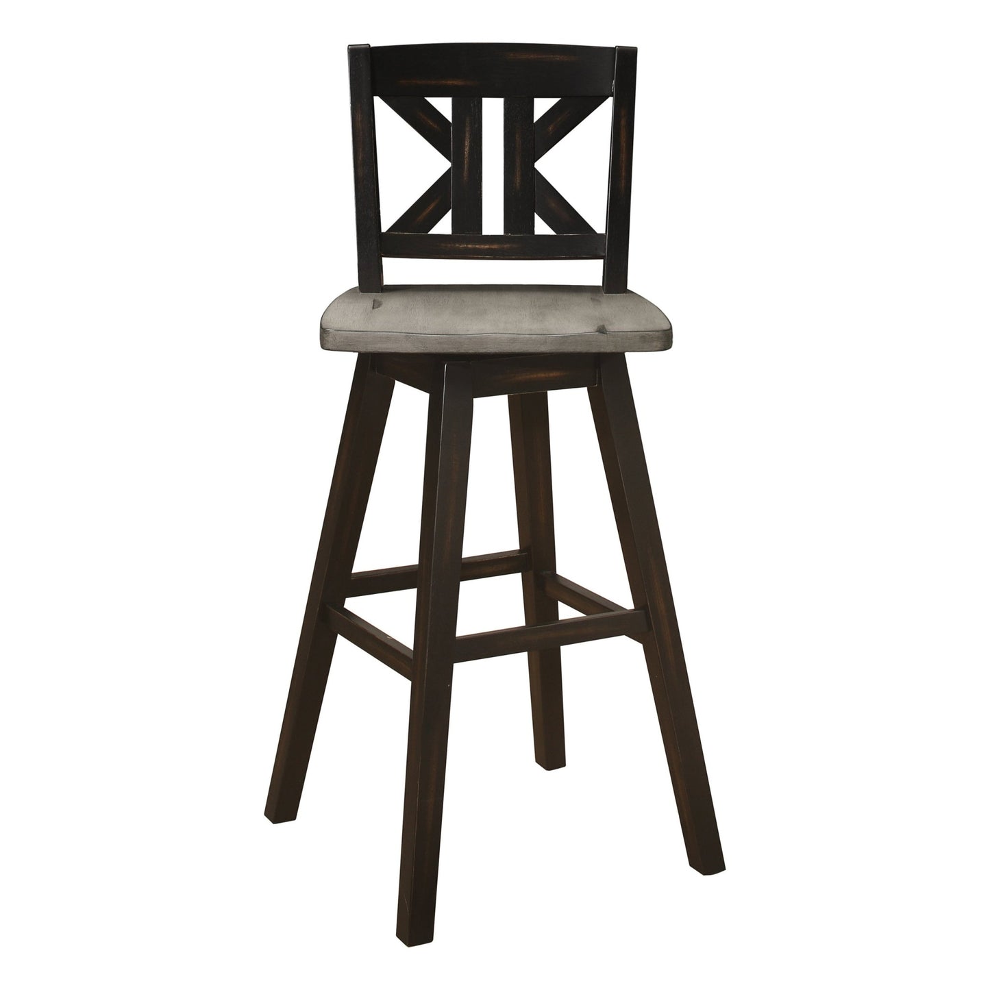 Pub Height Chairs Set of 2, Distressed Gray and Black 360 - degree Swivel Chair Solid Rubberwood Furniture, Divided X - Back Bar Chairs - 1st Choice Furniture Direct