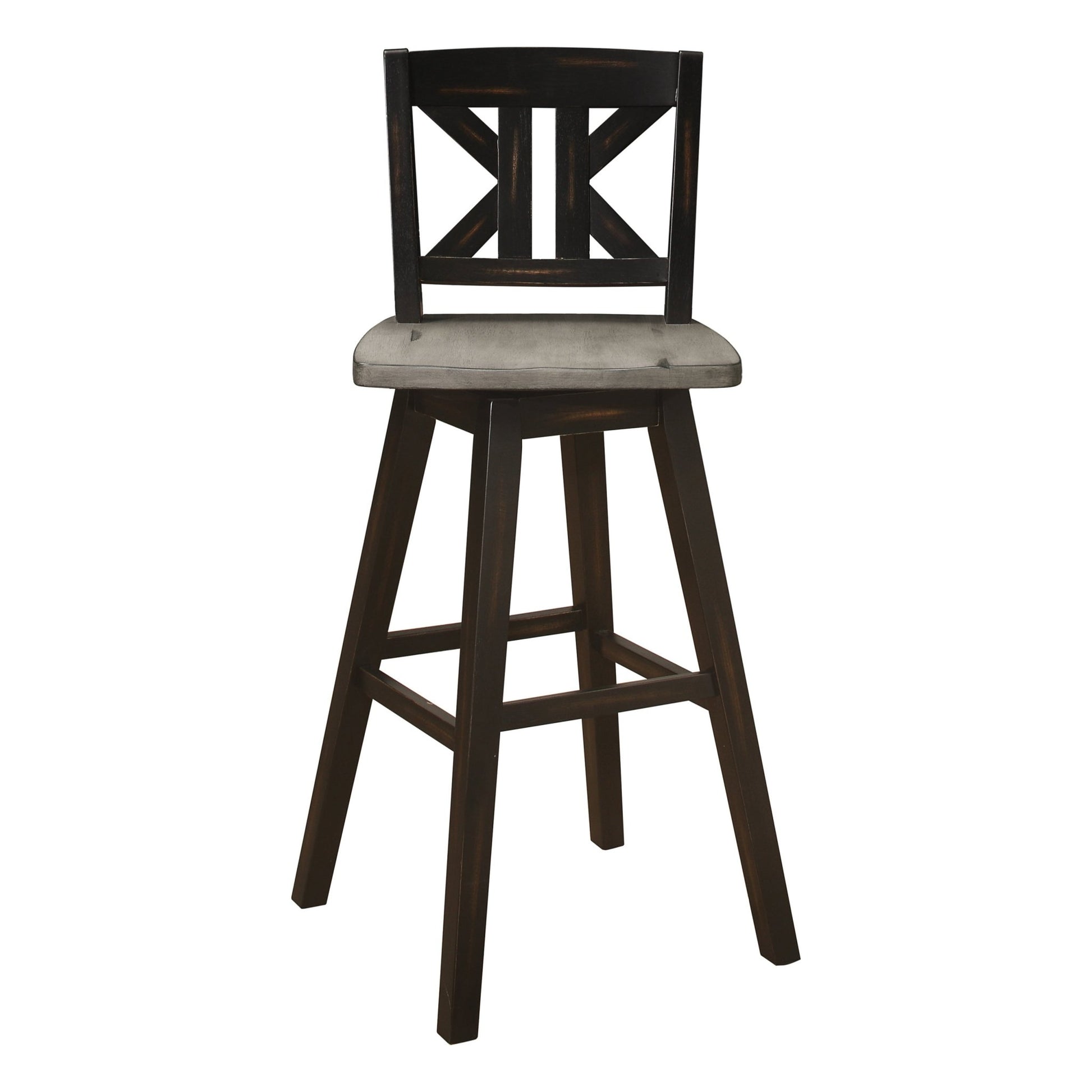 Pub Height Chairs Set of 2, Distressed Gray and Black 360 - degree Swivel Chair Solid Rubberwood Furniture, Divided X - Back Bar Chairs - 1st Choice Furniture Direct
