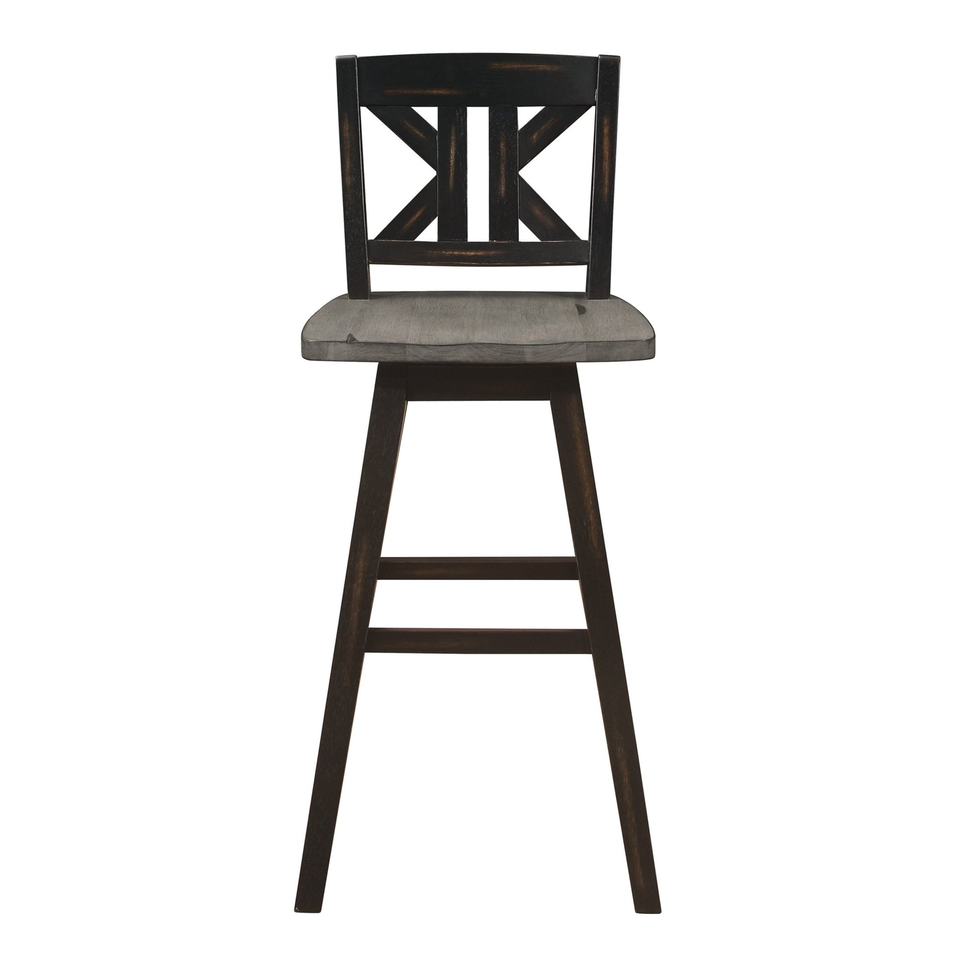 Pub Height Chairs Set of 2, Distressed Gray and Black 360 - degree Swivel Chair Solid Rubberwood Furniture, Divided X - Back Bar Chairs - 1st Choice Furniture Direct