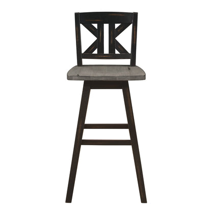 Pub Height Chairs Set of 2, Distressed Gray and Black 360 - degree Swivel Chair Solid Rubberwood Furniture, Divided X - Back Bar Chairs - 1st Choice Furniture Direct