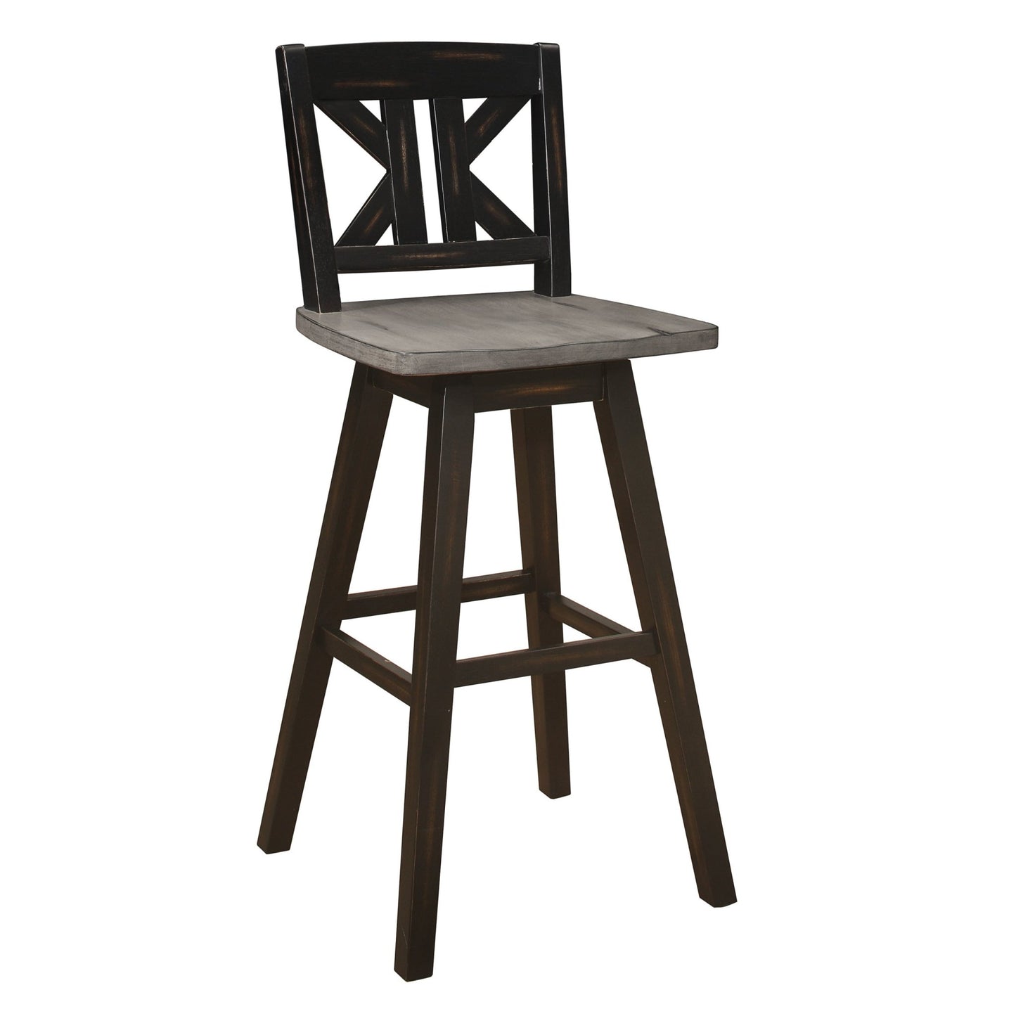 Pub Height Chairs Set of 2, Distressed Gray and Black 360 - degree Swivel Chair Solid Rubberwood Furniture, Divided X - Back Bar Chairs - 1st Choice Furniture Direct