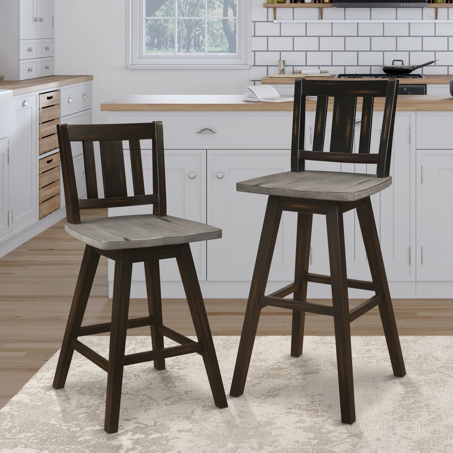Pub Height Chairs Set of 2, Distressed Gray and Black 360 - degree Swivel Chair Solid Rubberwood Furniture, Vertical Slat Back Bar Chairs - 1st Choice Furniture Direct