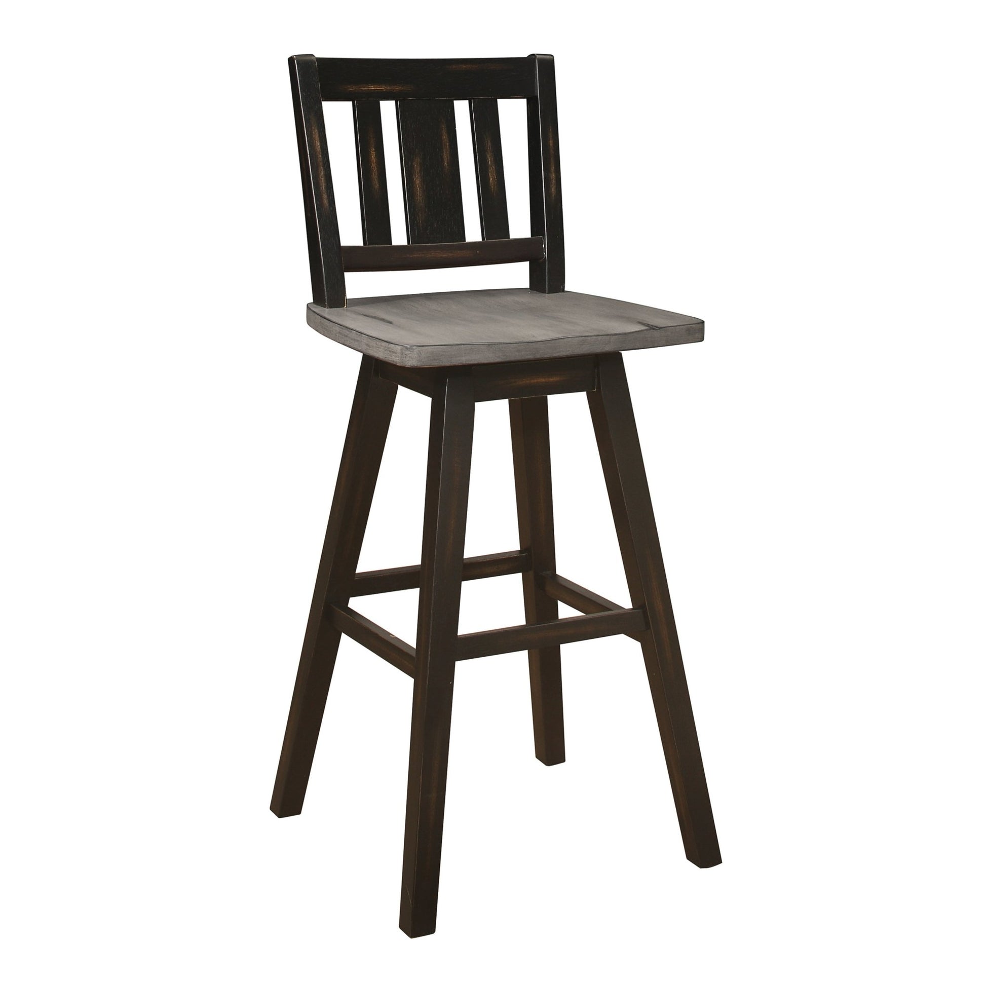 Pub Height Chairs Set of 2, Distressed Gray and Black 360 - degree Swivel Chair Solid Rubberwood Furniture, Vertical Slat Back Bar Chairs - 1st Choice Furniture Direct