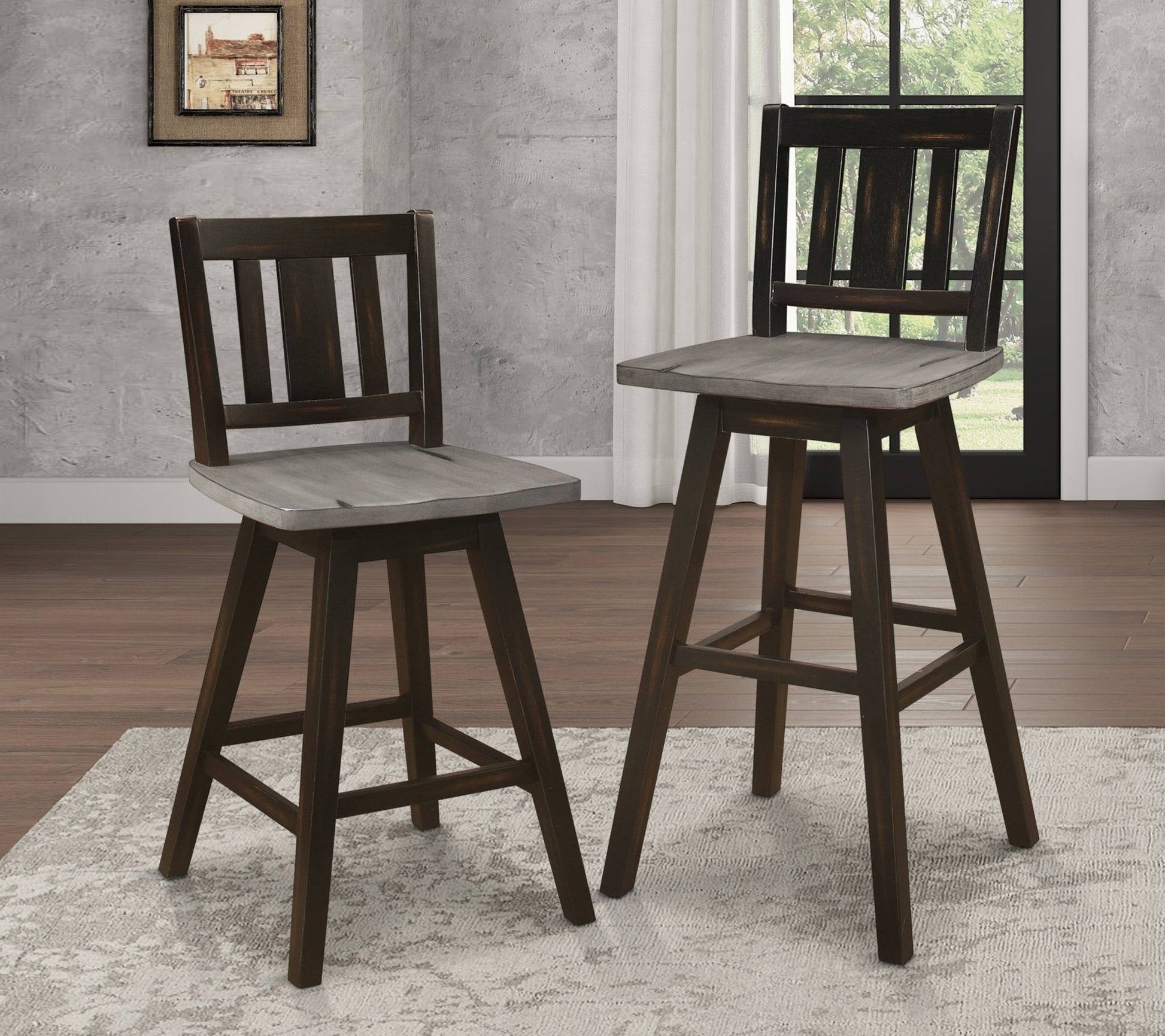 Pub Height Chairs Set of 2, Distressed Gray and Black 360 - degree Swivel Chair Solid Rubberwood Furniture, Vertical Slat Back Bar Chairs - 1st Choice Furniture Direct
