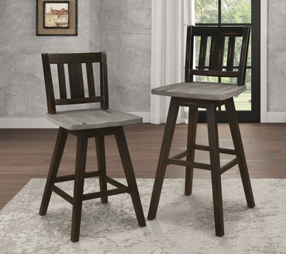 Pub Height Chairs Set of 2, Distressed Gray and Black 360 - degree Swivel Chair Solid Rubberwood Furniture, Vertical Slat Back Bar Chairs - 1st Choice Furniture Direct