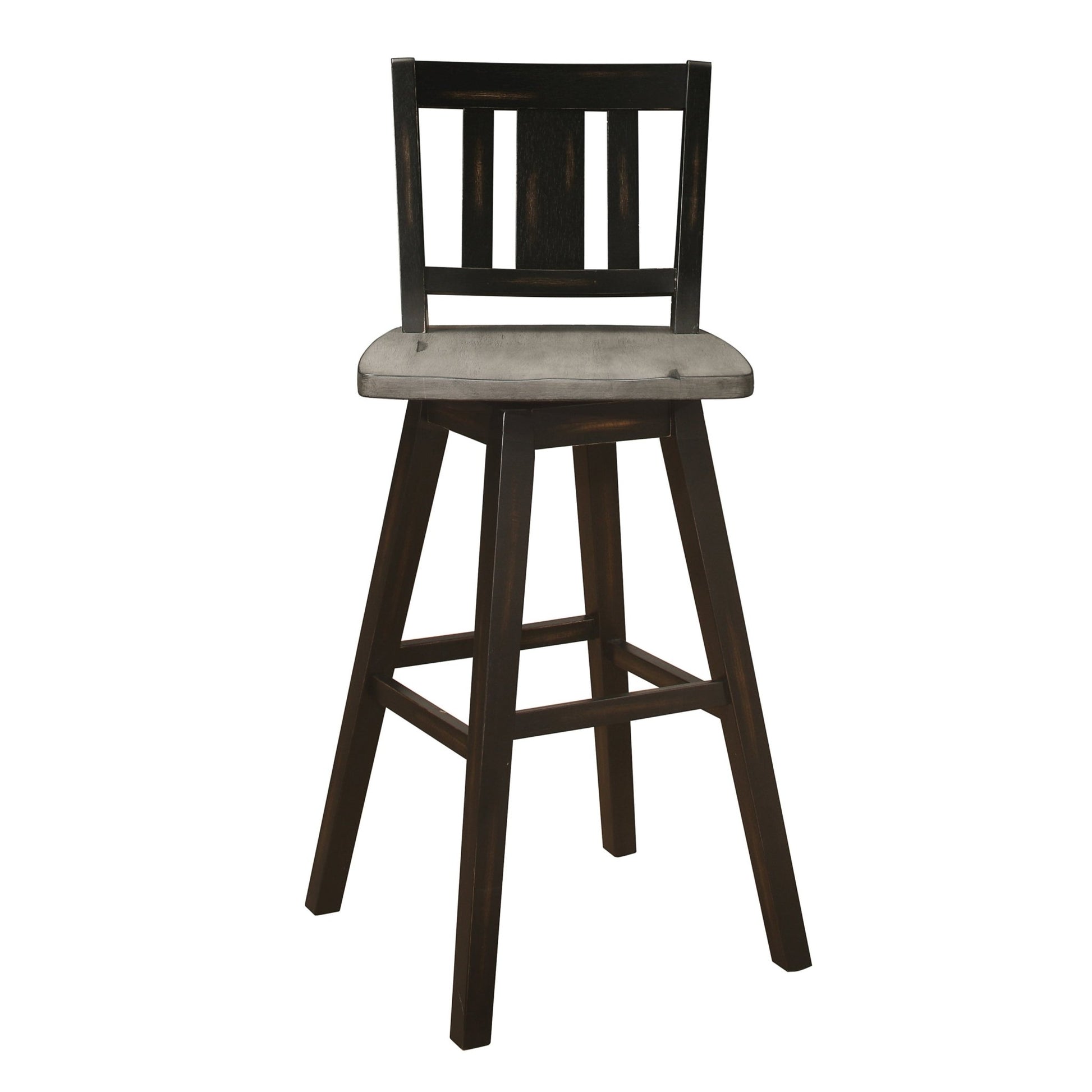Pub Height Chairs Set of 2, Distressed Gray and Black 360 - degree Swivel Chair Solid Rubberwood Furniture, Vertical Slat Back Bar Chairs - 1st Choice Furniture Direct
