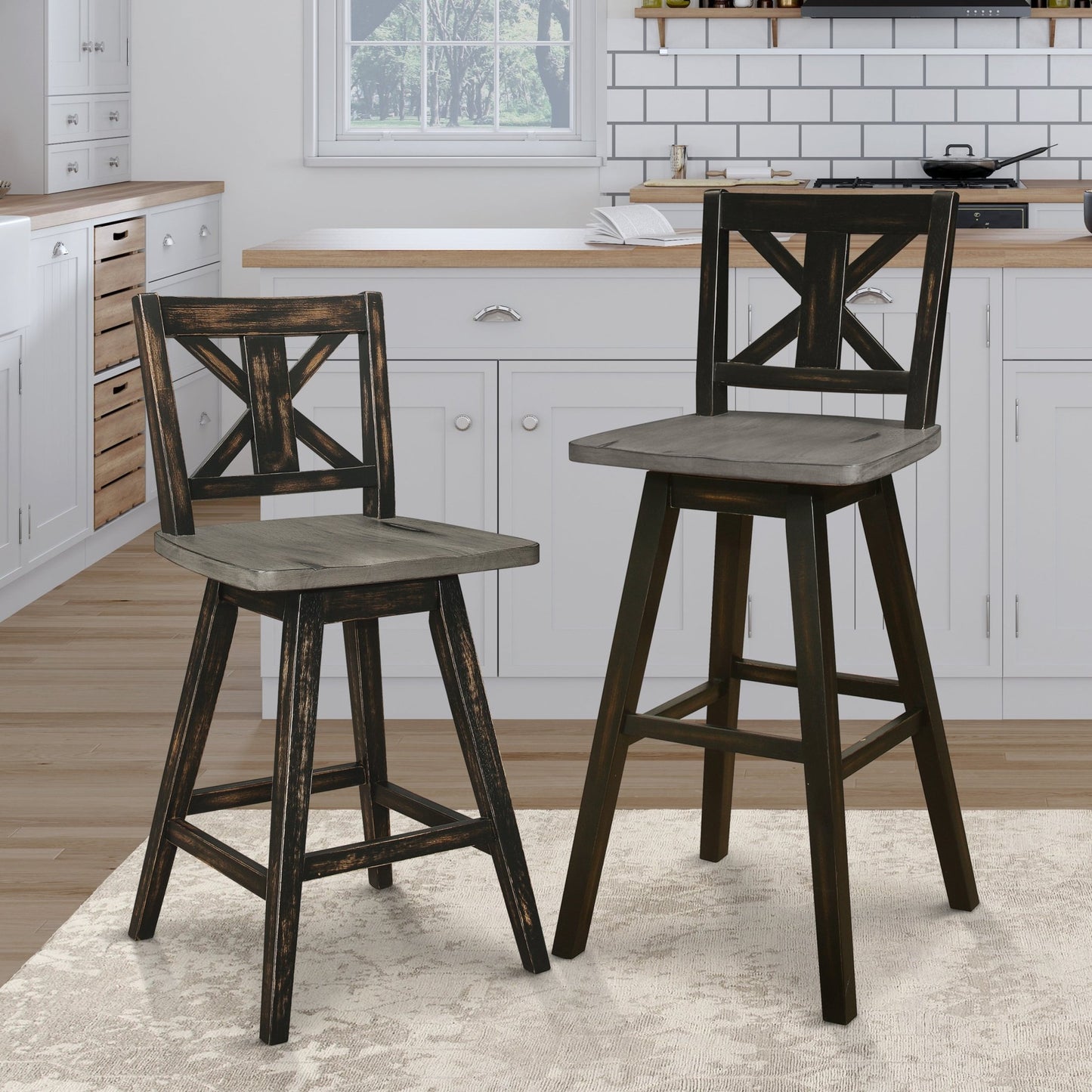 Pub Height Chairs Set of 2, Distressed Gray and Black 360 - degree Swivel Chair Solid Rubberwood Furniture, X - Back Bar Chairs - 1st Choice Furniture Direct
