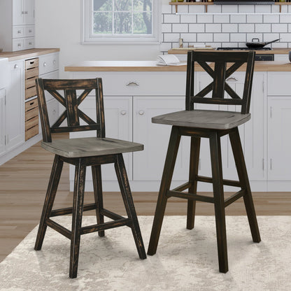 Pub Height Chairs Set of 2, Distressed Gray and Black 360 - degree Swivel Chair Solid Rubberwood Furniture, X - Back Bar Chairs - 1st Choice Furniture Direct