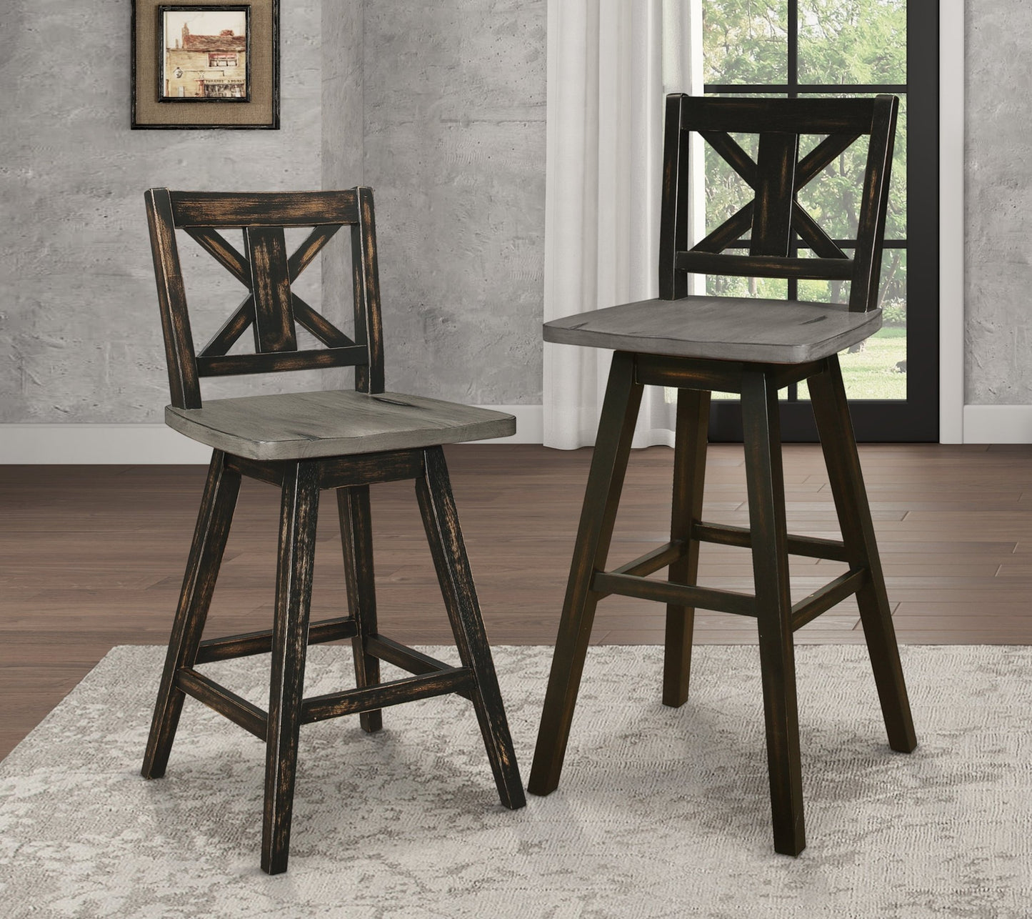 Pub Height Chairs Set of 2, Distressed Gray and Black 360 - degree Swivel Chair Solid Rubberwood Furniture, X - Back Bar Chairs - 1st Choice Furniture Direct