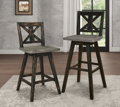 Pub Height Chairs Set of 2, Distressed Gray and Black 360 - degree Swivel Chair Solid Rubberwood Furniture, X - Back Bar Chairs - 1st Choice Furniture Direct