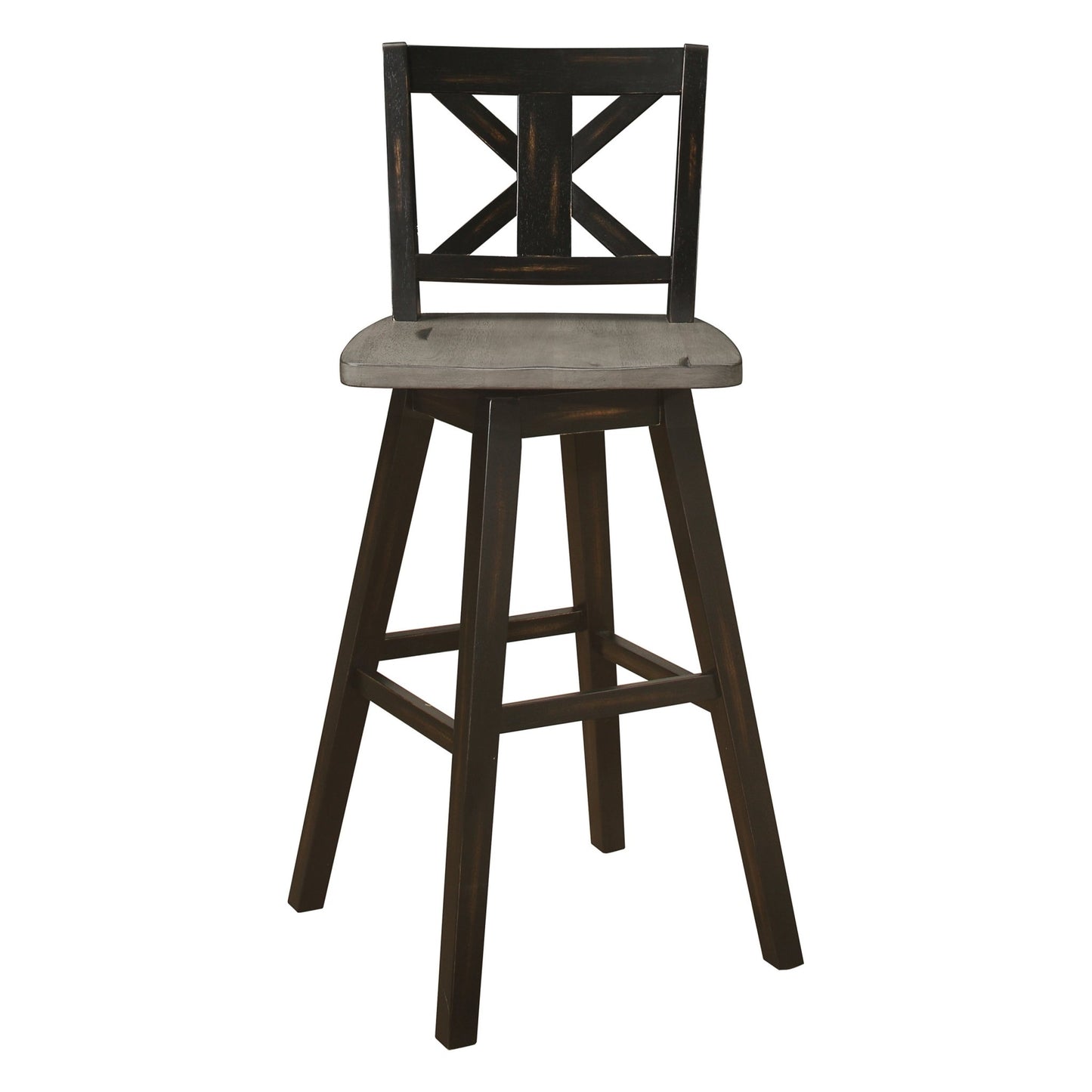 Pub Height Chairs Set of 2, Distressed Gray and Black 360 - degree Swivel Chair Solid Rubberwood Furniture, X - Back Bar Chairs - 1st Choice Furniture Direct