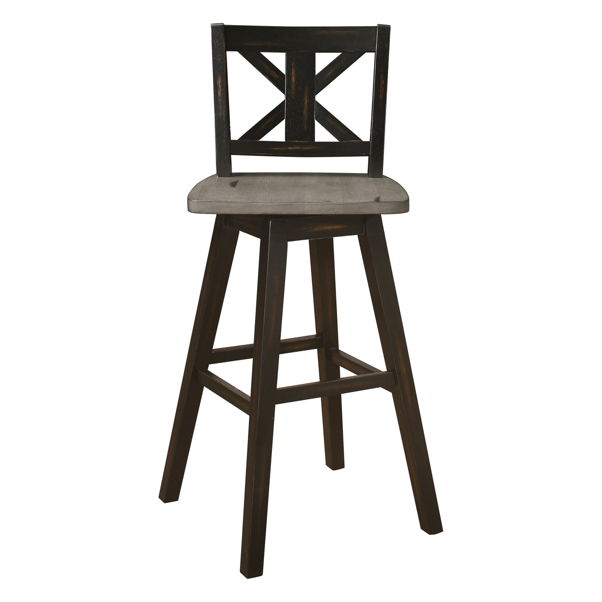 Pub Height Chairs Set of 2, Distressed Gray and Black 360 - degree Swivel Chair Solid Rubberwood Furniture, X - Back Bar Chairs - 1st Choice Furniture Direct