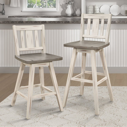 Pub Height Chairs Set of 2, Distressed Gray and White 360 - degree Swivel Chair Solid Rubberwood Furniture, Vertical Slat Back Bar Chairs - 1st Choice Furniture Direct