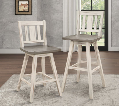 Pub Height Chairs Set of 2, Distressed Gray and White 360 - degree Swivel Chair Solid Rubberwood Furniture, Vertical Slat Back Bar Chairs - 1st Choice Furniture Direct