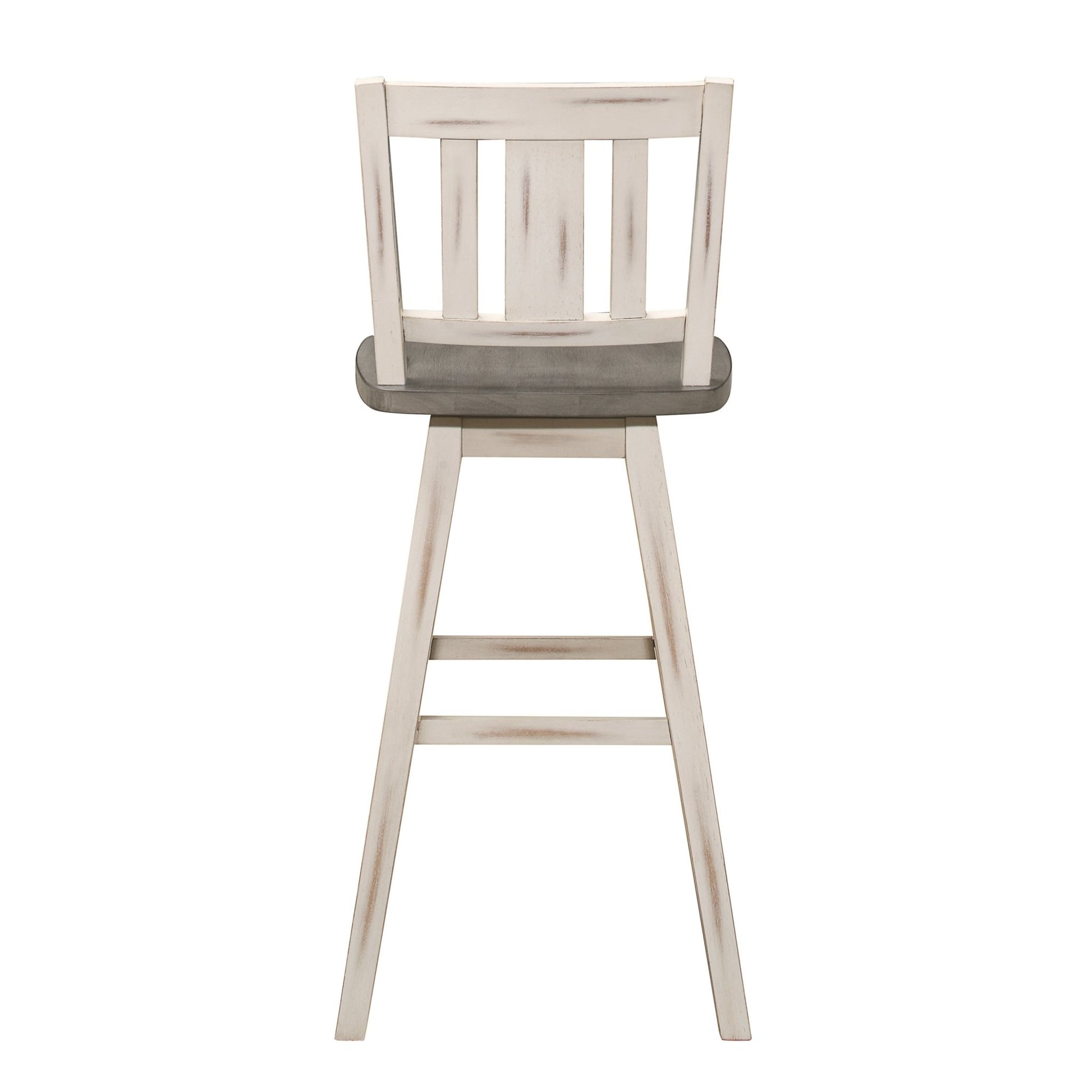 Pub Height Chairs Set of 2, Distressed Gray and White 360 - degree Swivel Chair Solid Rubberwood Furniture, Vertical Slat Back Bar Chairs - 1st Choice Furniture Direct