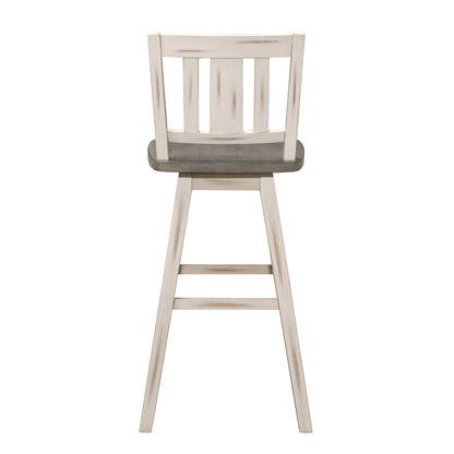 Pub Height Chairs Set of 2, Distressed Gray and White 360 - degree Swivel Chair Solid Rubberwood Furniture, Vertical Slat Back Bar Chairs - 1st Choice Furniture Direct