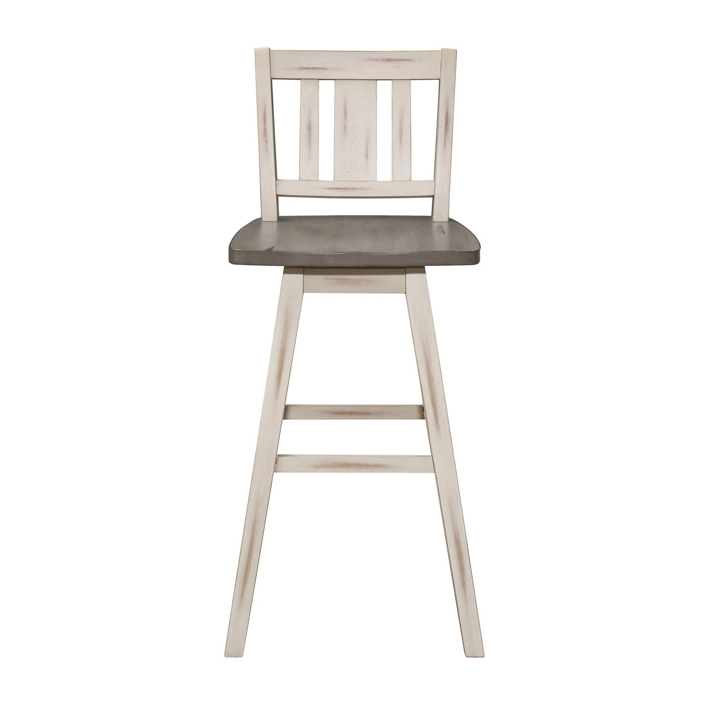 Pub Height Chairs Set of 2, Distressed Gray and White 360 - degree Swivel Chair Solid Rubberwood Furniture, Vertical Slat Back Bar Chairs - 1st Choice Furniture Direct