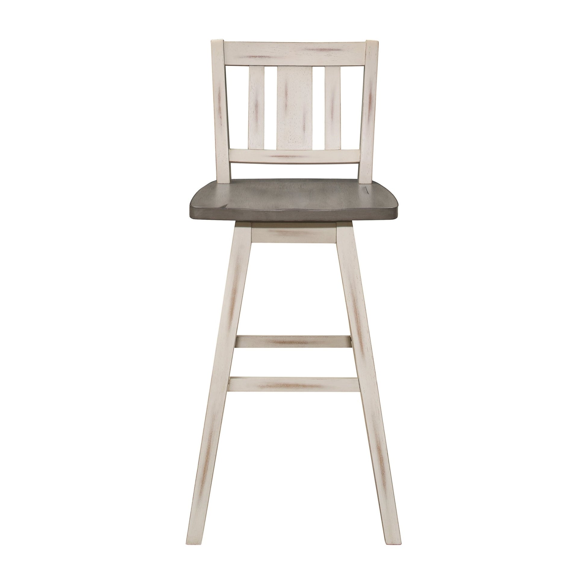 Pub Height Chairs Set of 2, Distressed Gray and White 360 - degree Swivel Chair Solid Rubberwood Furniture, Vertical Slat Back Bar Chairs - 1st Choice Furniture Direct