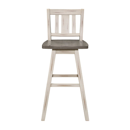 Pub Height Chairs Set of 2, Distressed Gray and White 360 - degree Swivel Chair Solid Rubberwood Furniture, Vertical Slat Back Bar Chairs - 1st Choice Furniture Direct