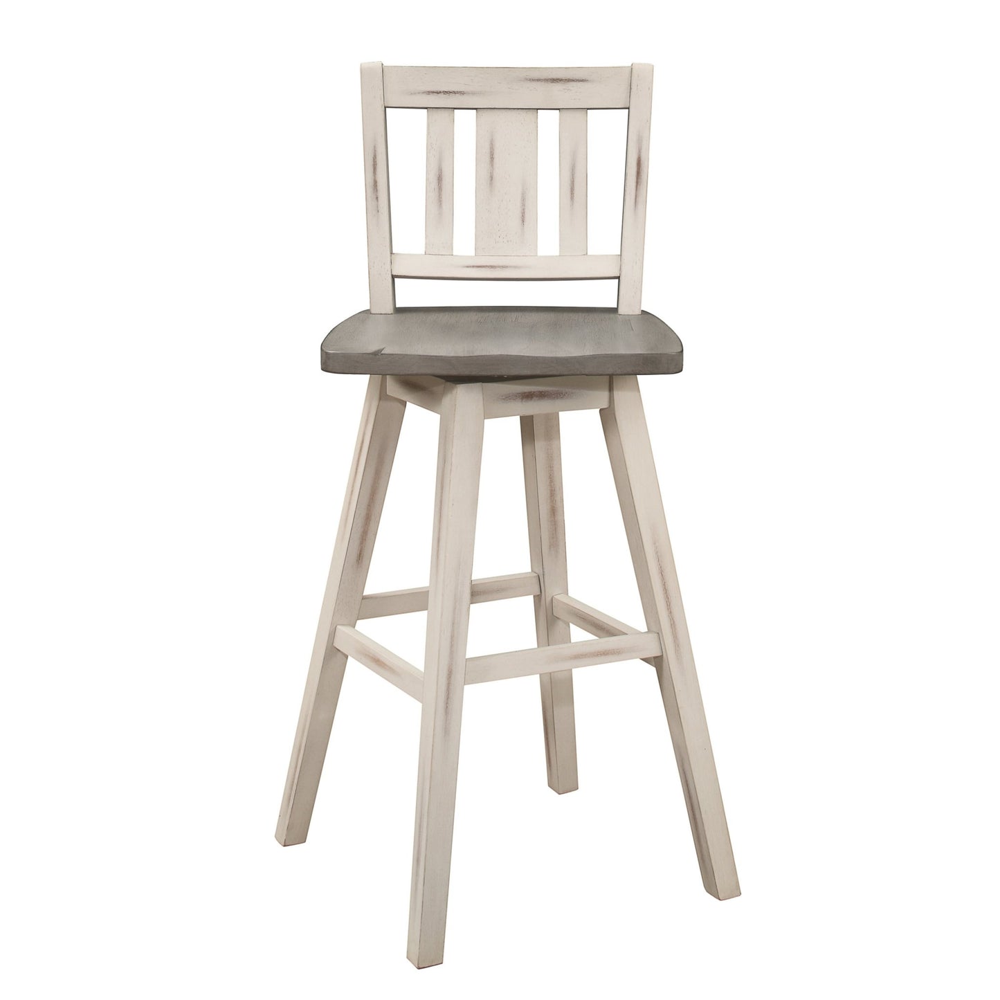 Pub Height Chairs Set of 2, Distressed Gray and White 360 - degree Swivel Chair Solid Rubberwood Furniture, Vertical Slat Back Bar Chairs - 1st Choice Furniture Direct