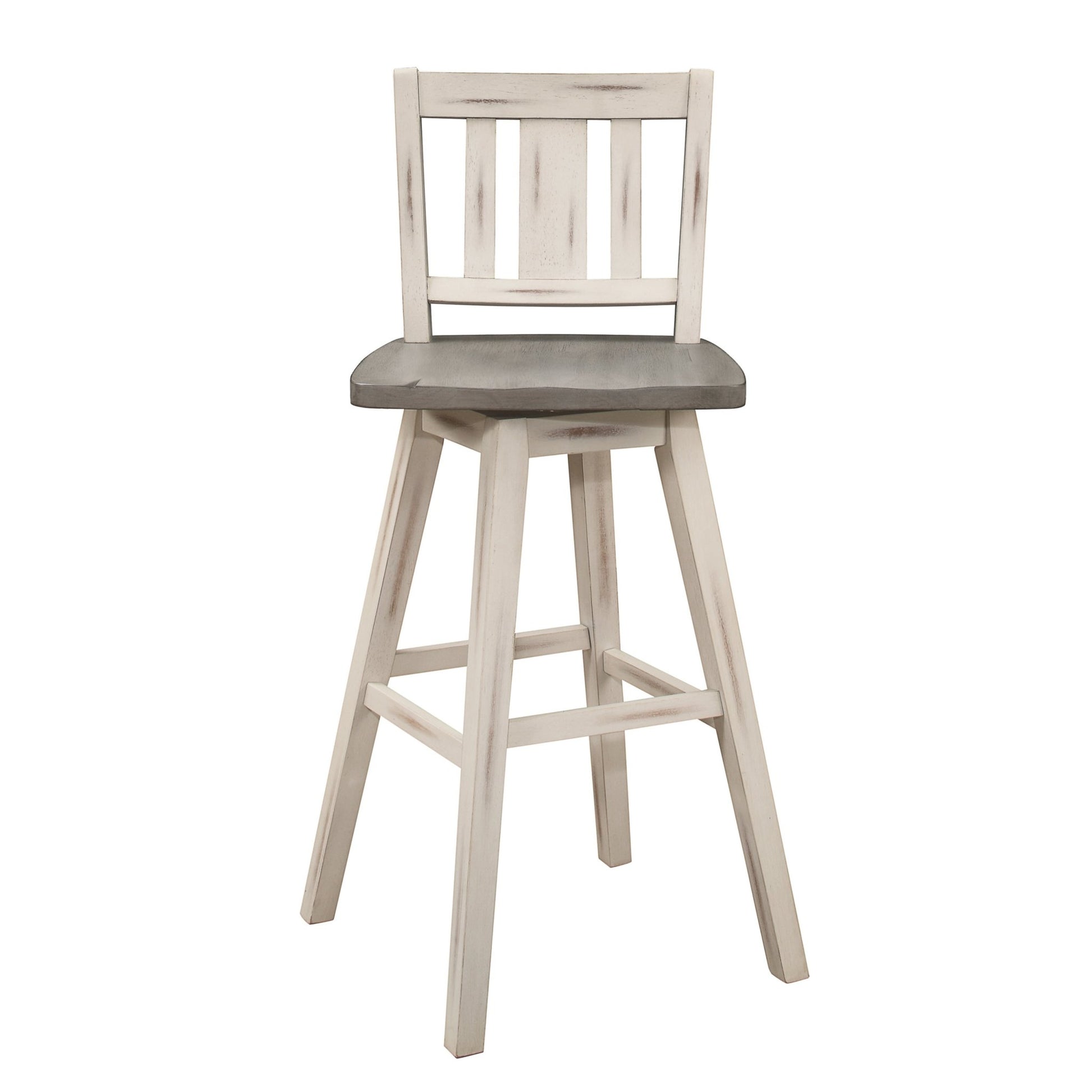Pub Height Chairs Set of 2, Distressed Gray and White 360 - degree Swivel Chair Solid Rubberwood Furniture, Vertical Slat Back Bar Chairs - 1st Choice Furniture Direct