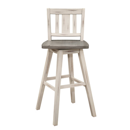 Pub Height Chairs Set of 2, Distressed Gray and White 360 - degree Swivel Chair Solid Rubberwood Furniture, Vertical Slat Back Bar Chairs - 1st Choice Furniture Direct