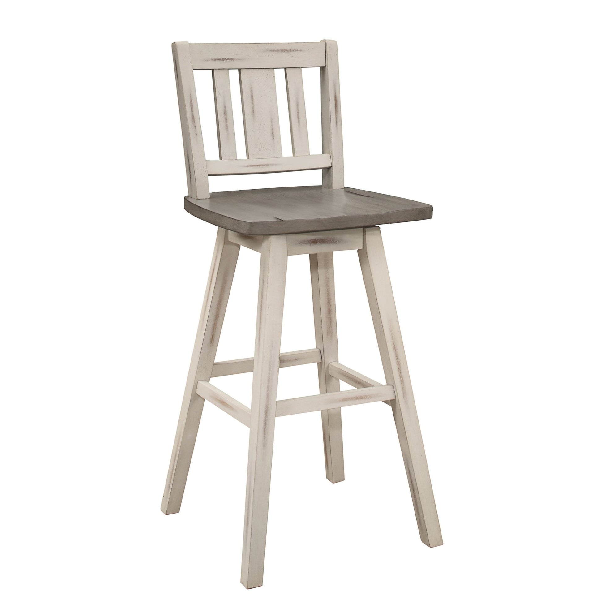 Pub Height Chairs Set of 2, Distressed Gray and White 360 - degree Swivel Chair Solid Rubberwood Furniture, Vertical Slat Back Bar Chairs - 1st Choice Furniture Direct