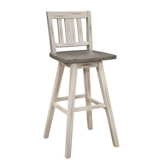 Pub Height Chairs Set of 2, Distressed Gray and White 360 - degree Swivel Chair Solid Rubberwood Furniture, Vertical Slat Back Bar Chairs - 1st Choice Furniture Direct