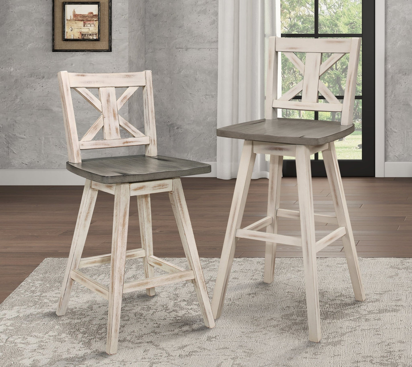 Pub Height Chairs Set of 2, Distressed Gray and White 360 - degree Swivel Chair Solid Rubberwood Furniture, X - Back Bar Chairs - 1st Choice Furniture Direct
