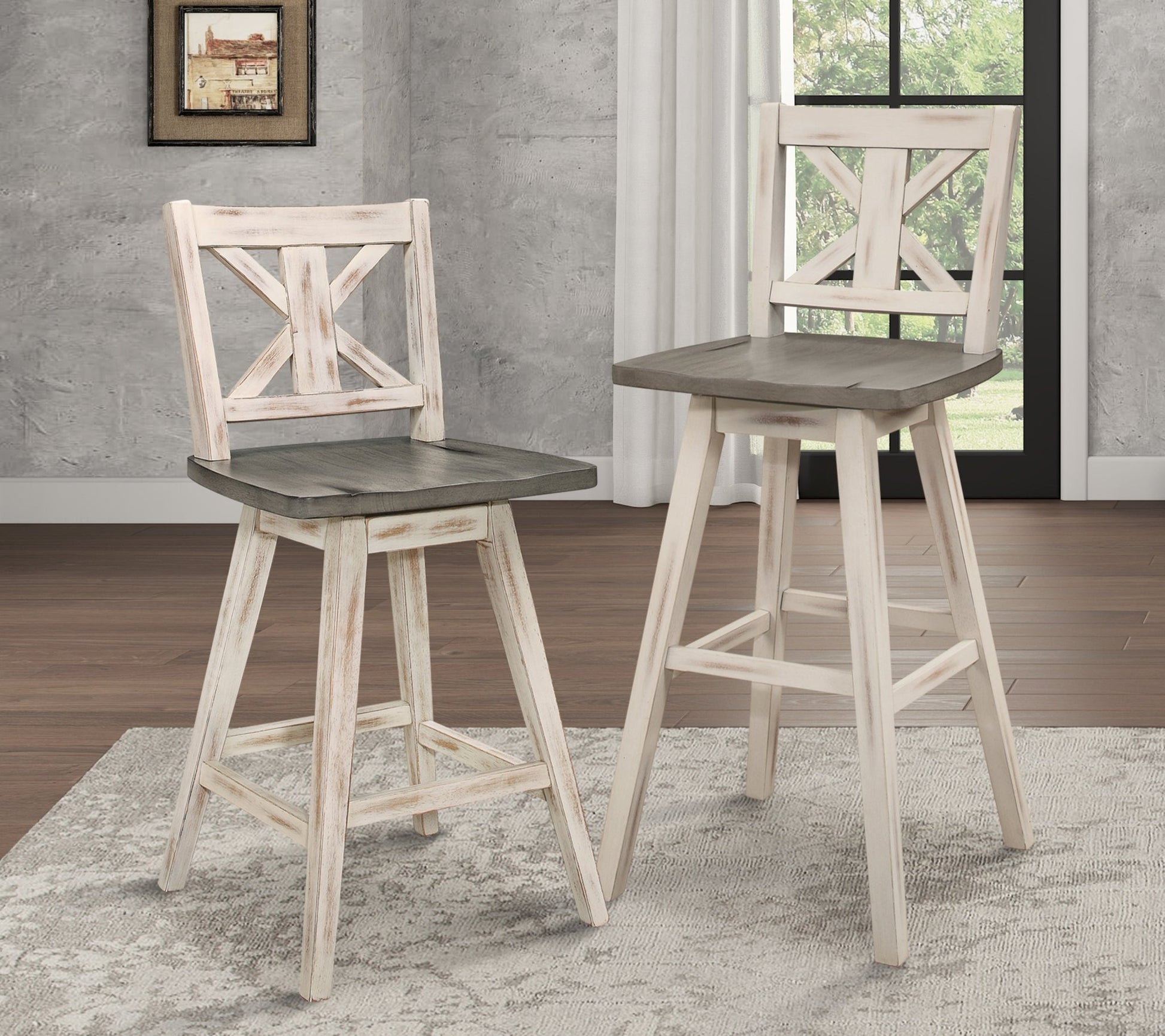 Pub Height Chairs Set of 2, Distressed Gray and White 360 - degree Swivel Chair Solid Rubberwood Furniture, X - Back Bar Chairs - 1st Choice Furniture Direct