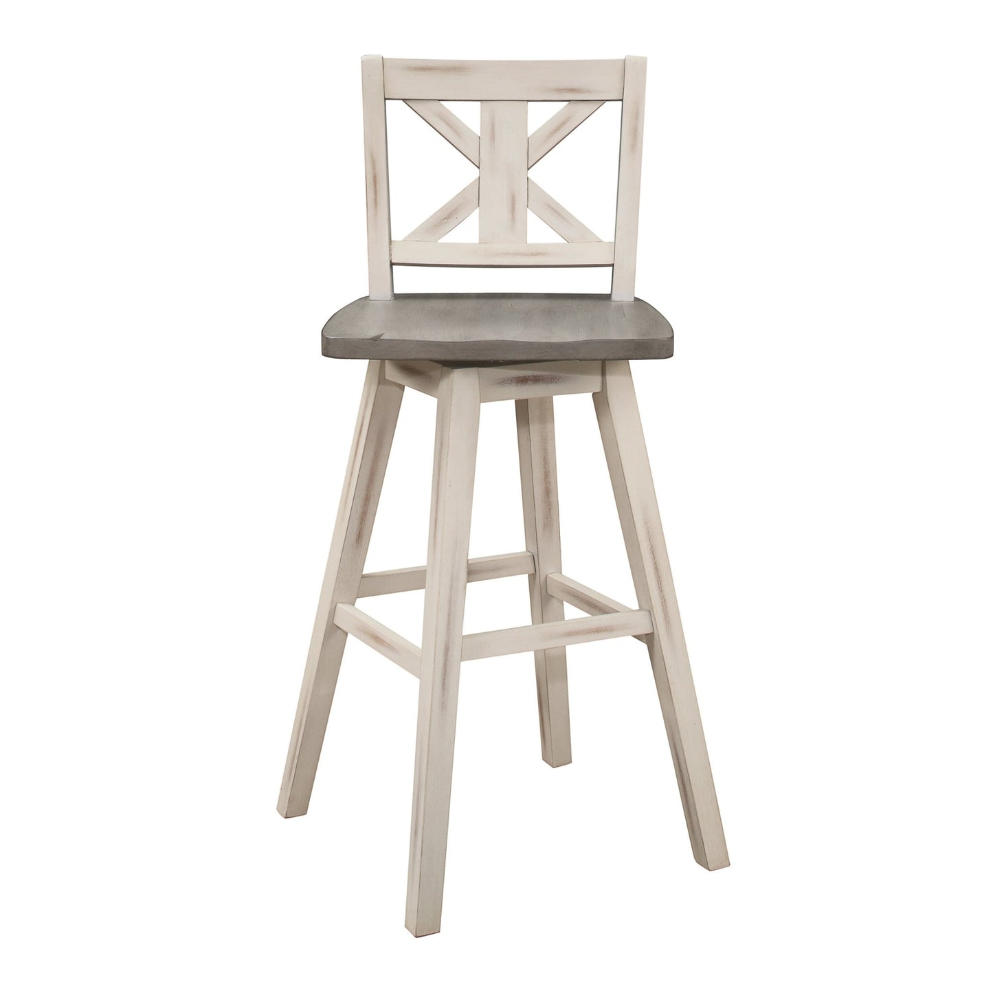 Pub Height Chairs Set of 2, Distressed Gray and White 360 - degree Swivel Chair Solid Rubberwood Furniture, X - Back Bar Chairs - 1st Choice Furniture Direct
