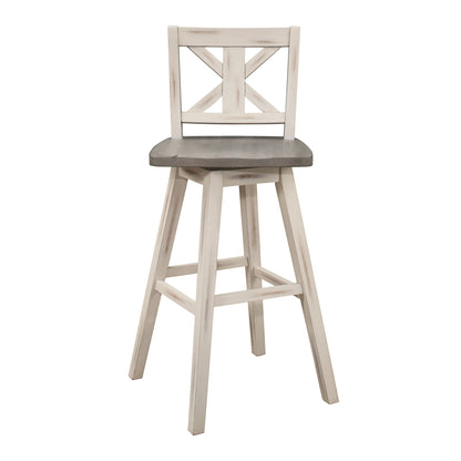 Pub Height Chairs Set of 2, Distressed Gray and White 360 - degree Swivel Chair Solid Rubberwood Furniture, X - Back Bar Chairs - 1st Choice Furniture Direct